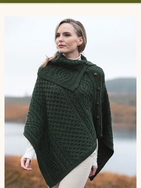 Aran Sweater Ladies Merino Button Poncho